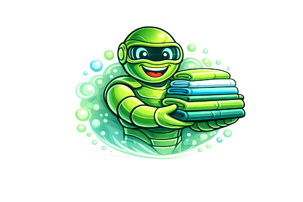 Washy, the Washly robot mascot, presenting a stack of freshly folded towels